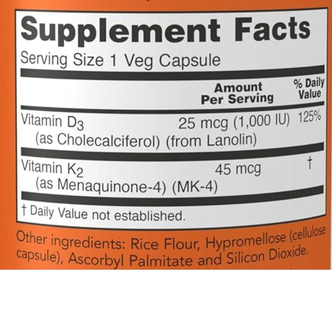 Now Foods Vitamin D-3 & K-2 1000IU / 45mcg 120 Vegetable Capsules 2 Now Foods Vitamin D-3 & K-2 1000IU / 45mcg 120 Vegetable Capsules - Image 2